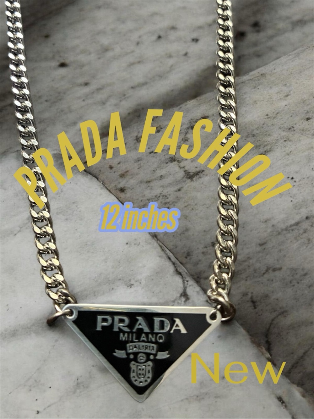 Prada Triangle Fashion Necklace - Black & Silver